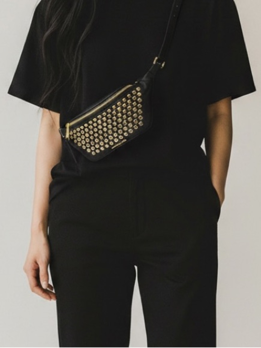 NWT & HTF Michael Kors Black Leather Crossbody Belt/Fanny Bag with Gold Studs